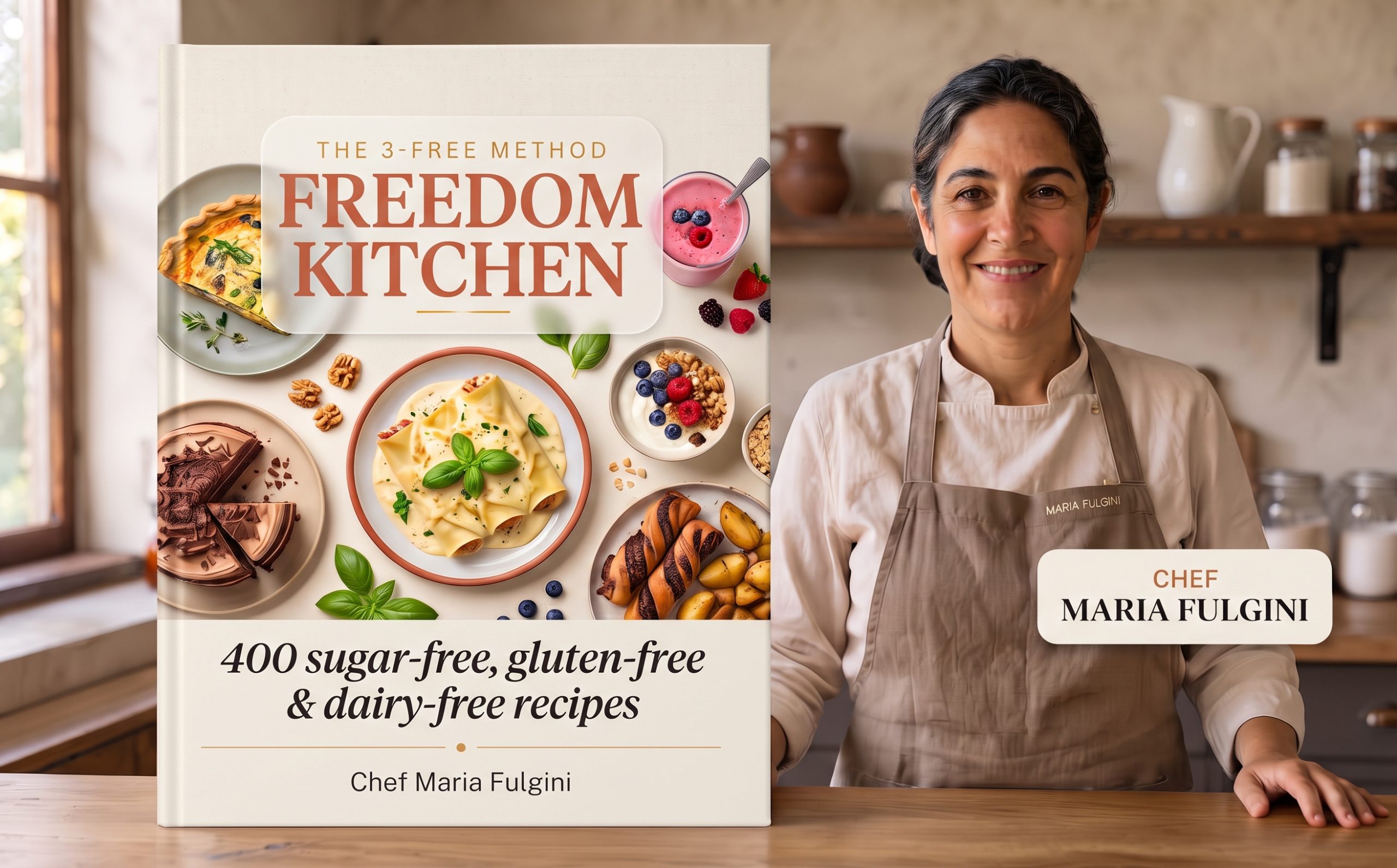 Chef Maria Fulgini with the Freedom Kitchen cookbook